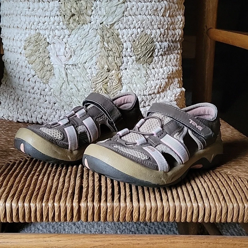 Teva sandals, brown, tan, gray, pink, size 3.